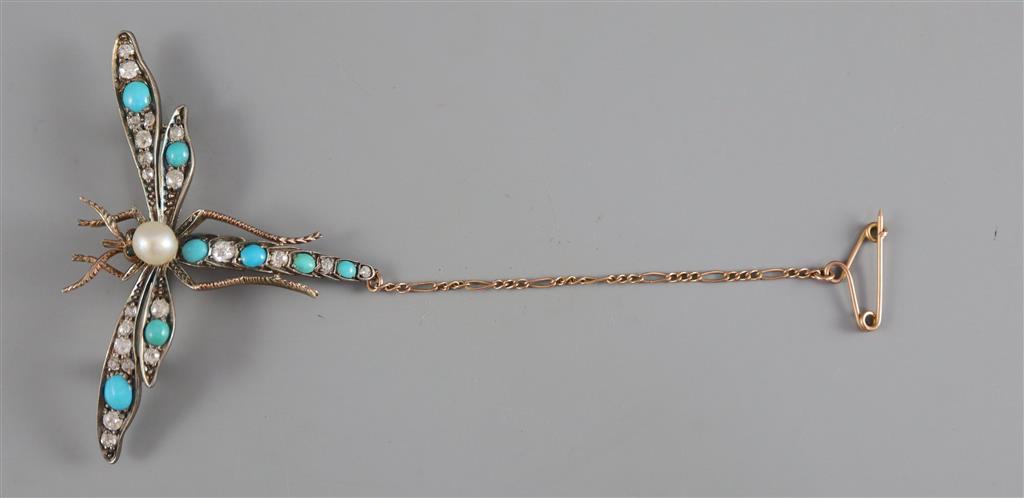 A Victorian gold and silver, turquoise, diamond and pearl set dragonfly brooch,